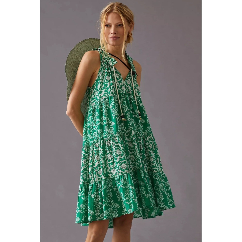 Anthropologie Ro's Garden‎ Sofie Mini Dress Small Green White Floral Tiered Boho